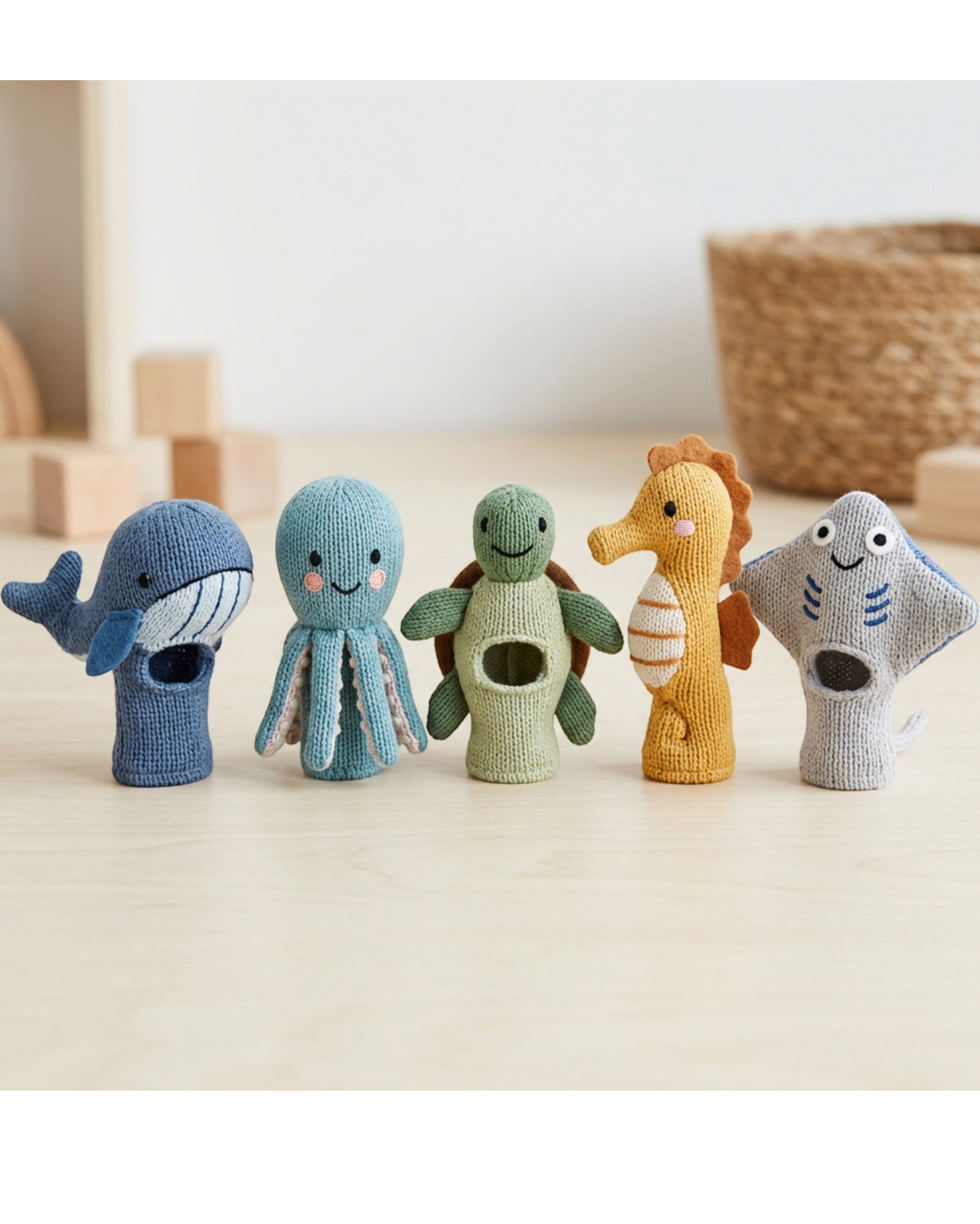 Fivt Knitted Ocean Creature Finger Puppets Set of 5 - Lifestyle view