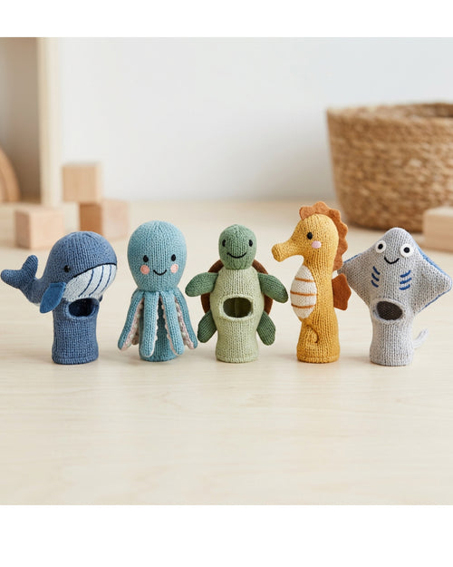 Fivt Knitted Ocean Creature Finger Puppets Set of 5 - Lifestyle view